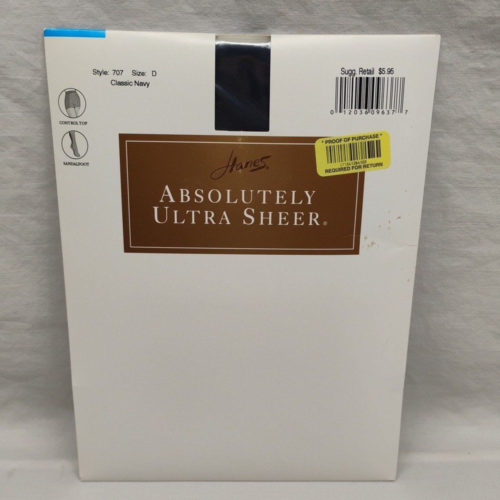 Hanes 707 Size D Classic NAVY Absolutely Ultra Sheer Pantyhose Sandalfoot